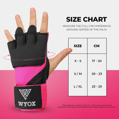 Pink Quick Gel Boxing Hand Wraps - Size chart